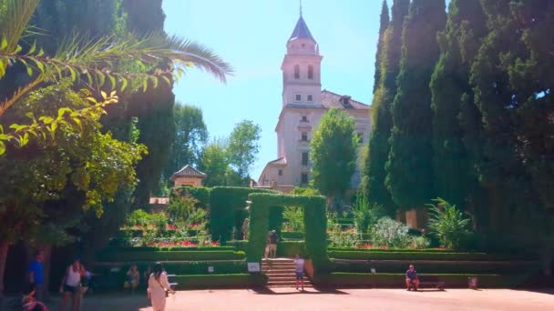 Granada Espanha Setembro 2019 Panorama Jardim Partal Ornamental Seu Pavilhão — Vídeo de Stock