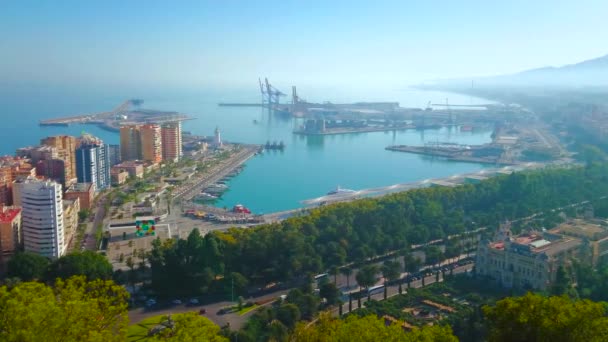 Vista Aérea Del Puerto Málaga Paseo Marítimo Muelle Uno Moderno — Vídeo de stock