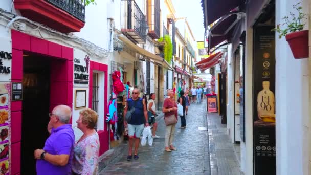 Cordoba Espanha Setembro 2019 Multidão Turistas Caminha Antiga Rua Estreita — Vídeo de Stock