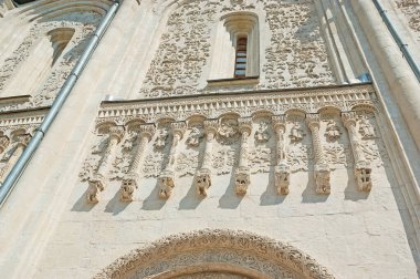 Duvarcılık St Demetrius Katedrali 'nin cephesi güzel oymalar, duvar sütunları ve hayvan ve kuş heykelleri ile kaplıdır, Vladimir, Rusya