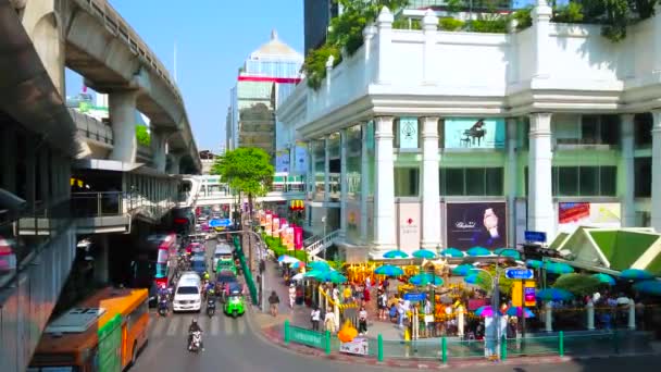 Bangkok Thailand April 2019 Διασταύρωση Ratchaprasong Μποτιλιάρισμα Και Διάσημο Ιερό — Αρχείο Βίντεο