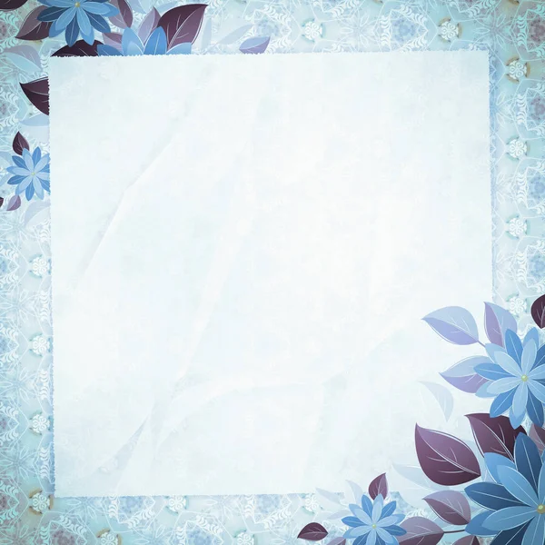 Vignette vintage dengan kertas kosong dan sudut bunga, biru — Stok Foto