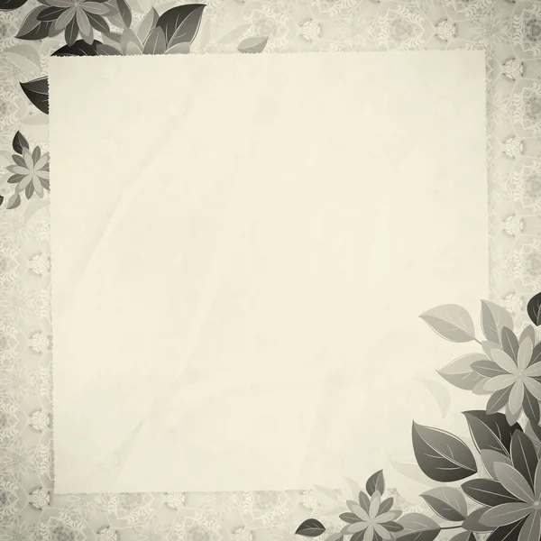 Vinheta vintage com papel em branco e cantos florais, cinza — Fotografia de Stock