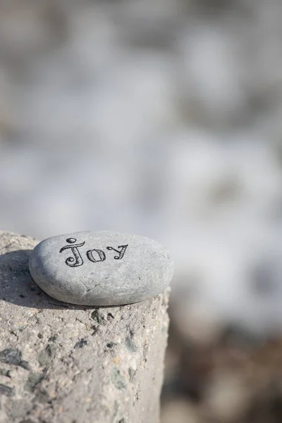 Λέξεις σε βότσαλα πέτρες κίνητρο έννοια σύνθημα λέξη χαρά — Φωτογραφία Αρχείου