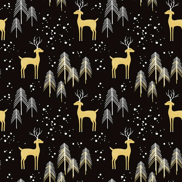 Бесшовный узор с оленями в зимнем лесу — стоковый вектор