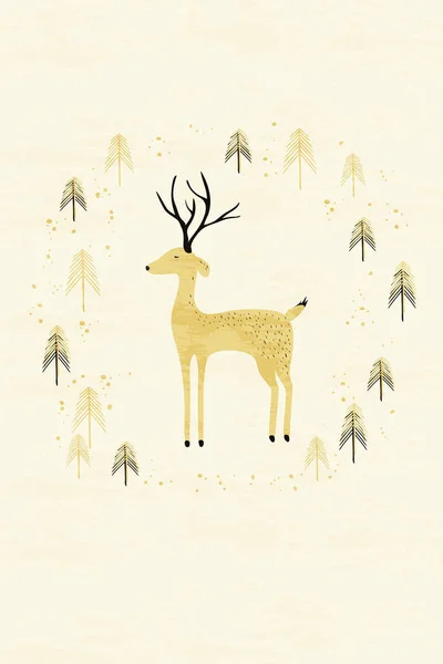 Veado no cartão de floresta de pinheiros de inverno — Vetor de Stock