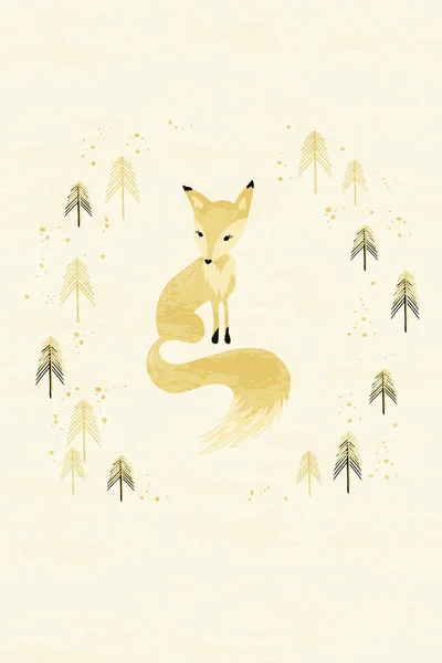 Fox en tarjeta de bosque de pino de invierno — Archivo Imágenes Vectoriales