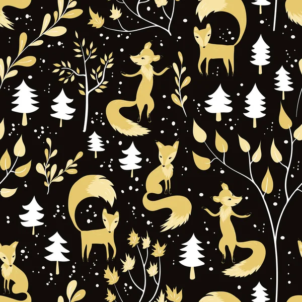 无缝模式与狐狸在森林里的冬天 — 图库矢量图片