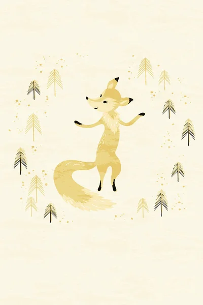 Fox en hiver carte de forêt de pins — Image vectorielle