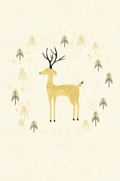 Deer in winter pine forest card — Stock Vector