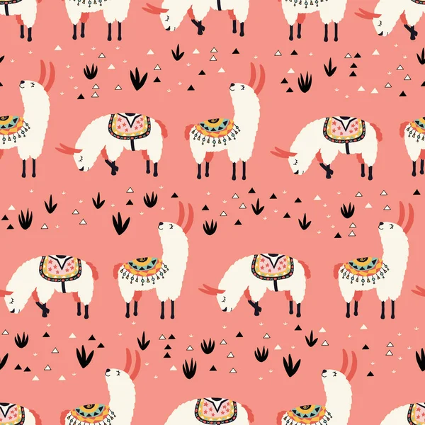 Llamas brancas em um deserto rosa — Vetor de Stock