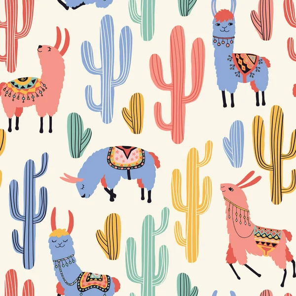 Llamas et cactus colorés — Image vectorielle