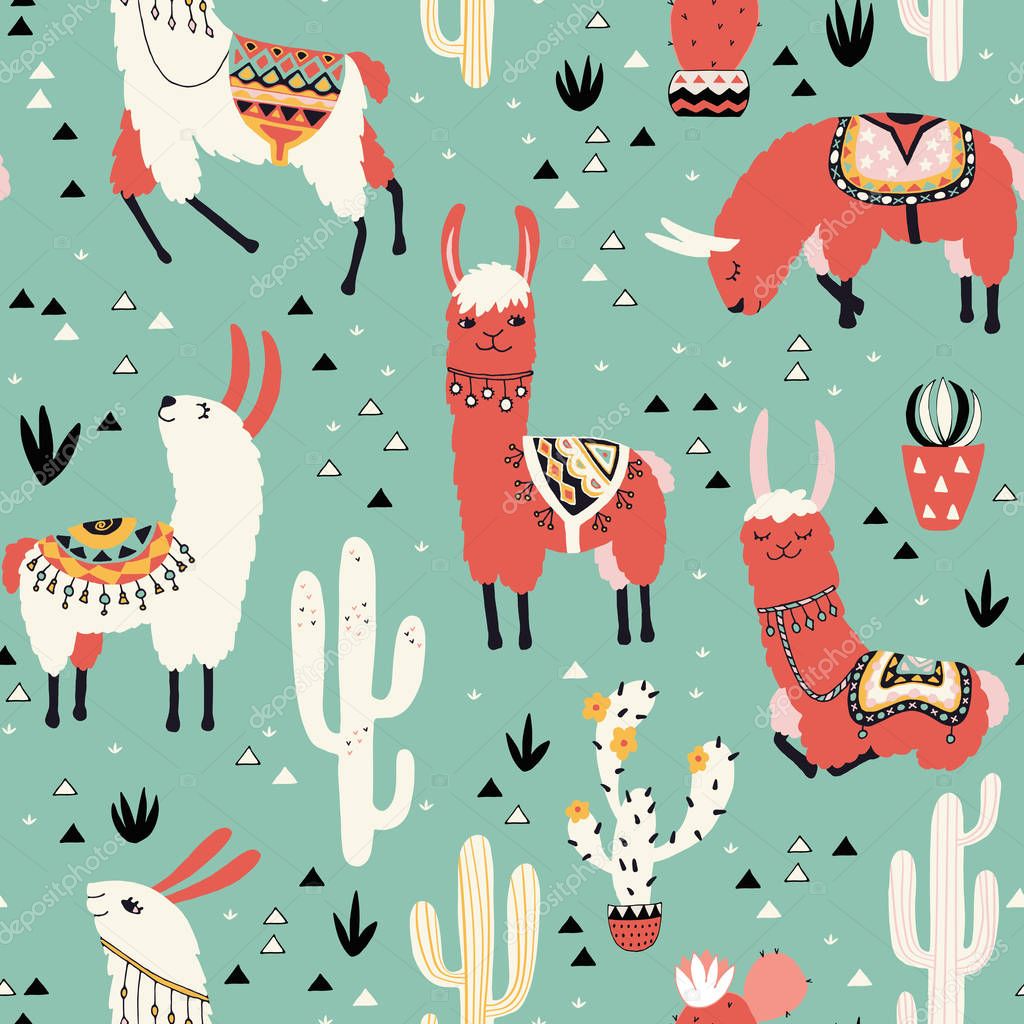 Llamas and cactus in a pot on green