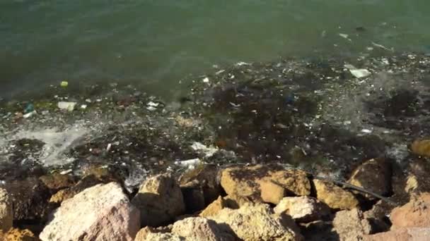 Poubelles dans la mer Méditerranée. Pollution de l'environnement. Faire du mal aux animaux. Les ordures jetées ont amené les vagues à terre. Gros plan — Video