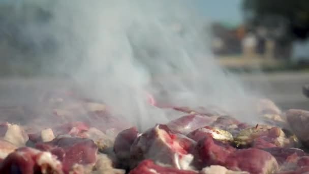 A carne vermelha fresca é grelhada na grelha. A carne suculenta crua frita-se no carvão vegetal. Fumo da fritura. Close-up — Vídeo de Stock