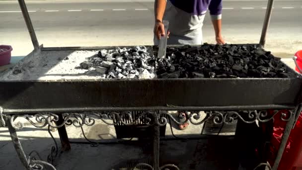 男はバーベキューで石炭を振りかける — ストック動画