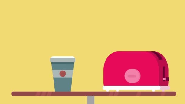 Μια τοστιέρα, καφές και ένα σάντουιτς εμφανίζονται στο τραπέζι. Οι προπόσεις ξεπροβάλλουν και γυρνάνε από την τοστιέρα. Μια πρόποση είναι ένα σάντουιτς. Επίπεδο στυλ. Γραφικά κίνησης. — Αρχείο Βίντεο