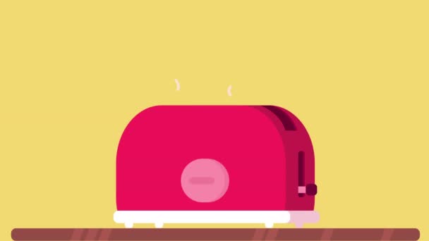 A toaster is on the table. Toasted bread slices jump out of the toaster. Sandwich toasts. Flat style. Motion graphics. — Stock Video