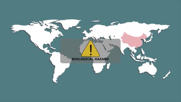 China en el mapa del mundo se destaca en rojo. Advertencia de peligro biológico. El virus en China. Infección infecciosa. Gráficos en movimiento . — Vídeos de Stock