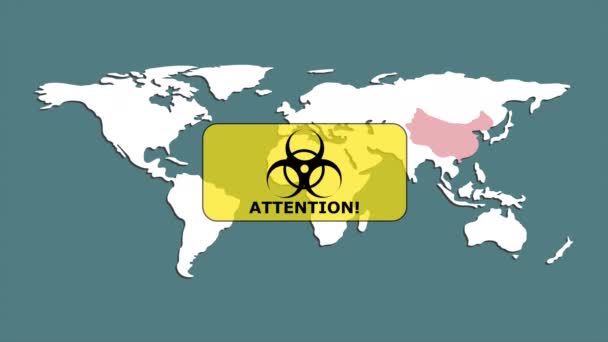 Biohazard varování na pozadí mapy světa. Koronavirus v Číně. Čína je zvýrazněna červeně. Nebezpečí virové infekce. Pohybová grafika. — Stock video