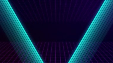 VHS retro animation with appearing neon triangle and text get ready. The grid moves forward. Retro style. Video games from the 80s. Motion graphics.