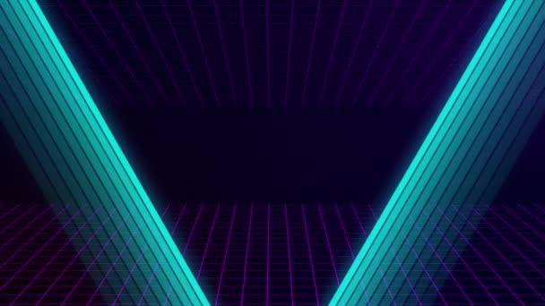 Vhs-Retro-Animation mit auftauchendem Neon-Dreieck und Text fertig. bewegt sich das Gitter vorwärts. Retro-Stil. Videospiele aus den 80er Jahren. Bewegungsgrafik. — Stockvideo