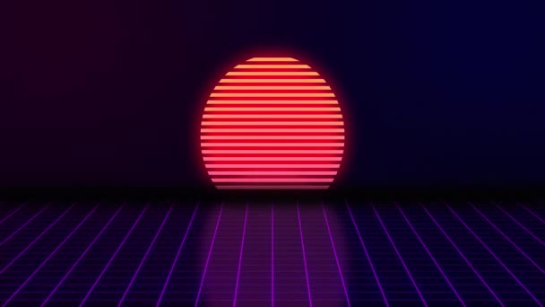 VHS retro animation with the appearing neon rectangle and the text you win. Against the background of the glowing sun and the moving forward grid. Retro style. Video games from the 80s. Motion — ストック動画