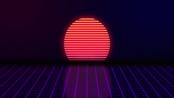 VHS retro animation with the appearing neon rectangle and the text get ready. Against the background of the glowing sun and the moving forward grid. Retro style. Video games from the 80s. Motion — ストック動画