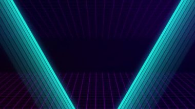 VHS retro animation with appearing neon triangle and text level up. The grid moves forward. Retro style. Video games from the 80s. Motion graphics.