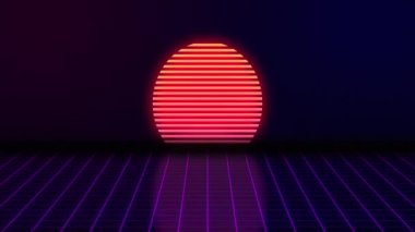 VHS retro animation with the appearing neon rectangle and the text level up. Against the background of the glowing sun and the moving forward grid. Retro style. Video games from the 80s. Motion