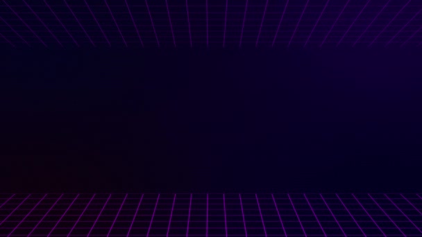 VHS video. Moving luminous grid on a purple background. A blue glowing triangle appears in the foreground. Retro style. Motion graphics. — Αρχείο Βίντεο