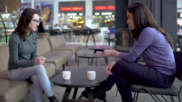 Le giovani donne sono sedute in un caffè a chiacchierare. Mamma e figlia si siedono l'uno contro l'altro, chiacchierando e bevendo caffè . — Video Stock