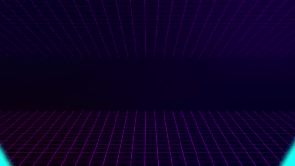 VHS video. Moving luminous grid on a purple background. A blue glowing triangle appears in the foreground. Retro style. Motion graphics. — Stock Video