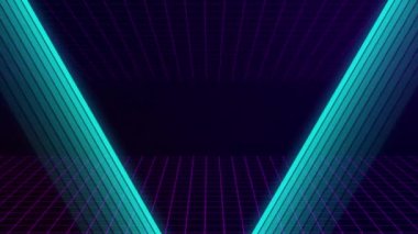 VHS retro animation with appearing neon triangle and text bonus. The grid moves forward. Retro style. Video games from the 80s. Motion graphics.