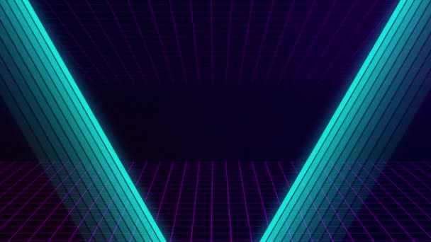 VHS retro animation with appearing neon triangle and text bonus. The grid moves forward. Retro style. Video games from the 80s. Motion graphics. — Stok video