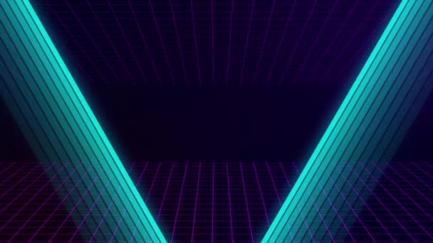 Animation rétro VHS avec le triangle néon apparaissant et la victoire du texte. La grille avance. Style rétro. Jeux vidéo des années 80. Graphiques de mouvement . — Video