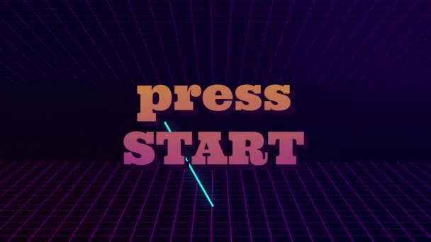 Animación retro VHS con triángulo de neón que aparece y el texto presiona start. El inicio de la prensa de texto hace parpadear. La cuadrícula avanza. Estilo retro. Videojuegos de los 80. Gráficos en movimiento . — Vídeo de stock