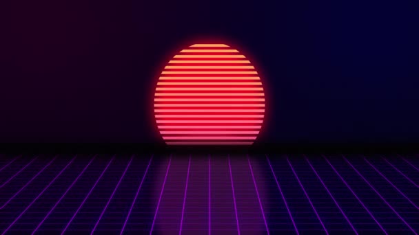 Vhs-Retro-Animation mit dem auftauchenden Neon-Rechteck und der Textstufe b. Vor dem Hintergrund der glühenden Sonne und des sich vorwärts bewegenden Gitters. Retro-Stil. Videospiele aus den 80er Jahren. Bewegung — Stockvideo