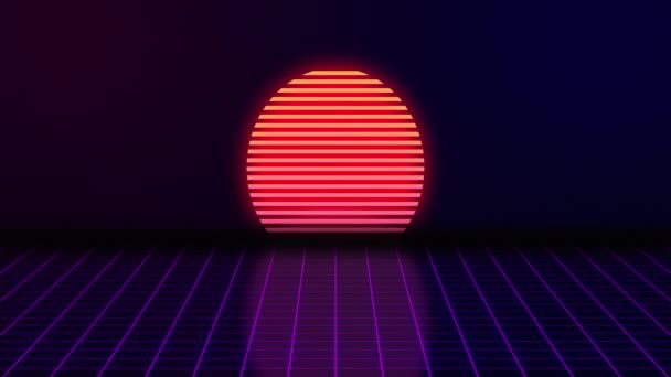 Vhs retro animatie met de weergegeven neon rechthoek en de tekstgraad e. Tegen de achtergrond van de gloeiende zon en het voortgaande raster. Retro stijl. Videospelletjes uit de jaren 80. Motie — Stockvideo