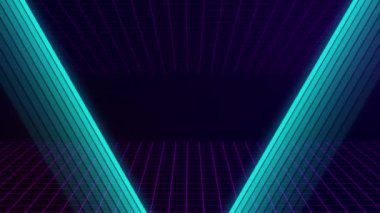Vhs retro animasyon ve görünen neon üçgen ve B sınıfı metin. Şebeke ilerliyor. Retro tarzı. 80 'lerden kalma video oyunları. Hareket grafikleri.