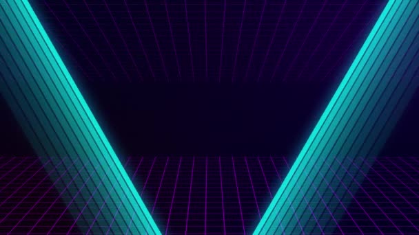 VHS retro animation with appearing neon triangle and text grade d The grid moves forward. Retro style. Video games from the 80s. Motion graphics. — Stock Video