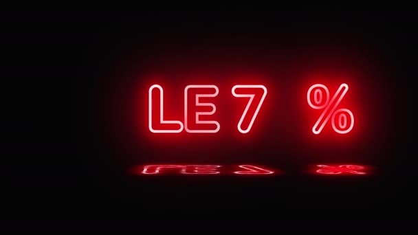 A neon sign with the word sale 70 percent lights up in red. A reflection appears in the puddle. The sign turns on and off. Motion graphics. — Stock Video