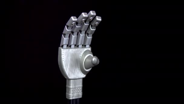 En mekanisk arm spänner fingrarna. Grå cyborg arm kom till liv och började röra sig på en svart bakgrund. — Stockvideo