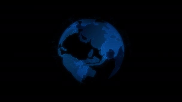 Een hologram van aarde draait op een zwarte achtergrond. Planeet Aarde is blauw en gloeit. Bewegingsgrafiek. — Stockvideo