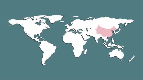 Het gevaar uit China verspreidt zich over de hele wereld. Landen op de wereldkaart zijn rood gemarkeerd. Bewegingsgrafiek. — Stockvideo