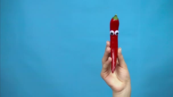 Chilli pepper with eyes in a woman hand. Chilli pepper jumps into the frame and looks around on a blue background. Woman hand close-up. — Stock Video