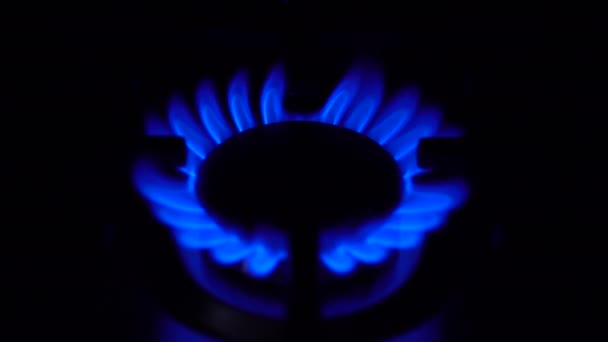 Der Gasbrenner schaltet sich im Dunkeln ab. Der Ofen arbeitet am Haushaltsgas. Die Flamme ist blau. — Stockvideo
