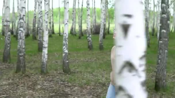 Молода жінка проходить через березовий ліс. У парку гуляє дівчина. Вид через дерева. 4k — стокове відео