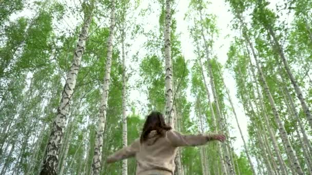 Молода жінка крутиться в березовому лісі. Дівчина рада бути в природі . — стокове відео