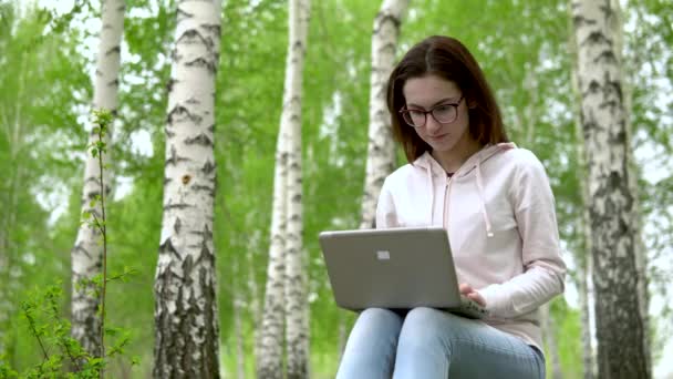 Jeune femme dans la nature avec un ordinateur portable dans ses mains. Une fille s'assoit sur une souche dans une forêt de bouleaux et mène des travaux à travers un netbook. — Video